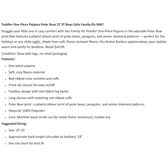 BIN Toddler One Piece Pajama Polar Bear 2T 3T Boys Girls Family PJs NWT - Picture 2 of 5